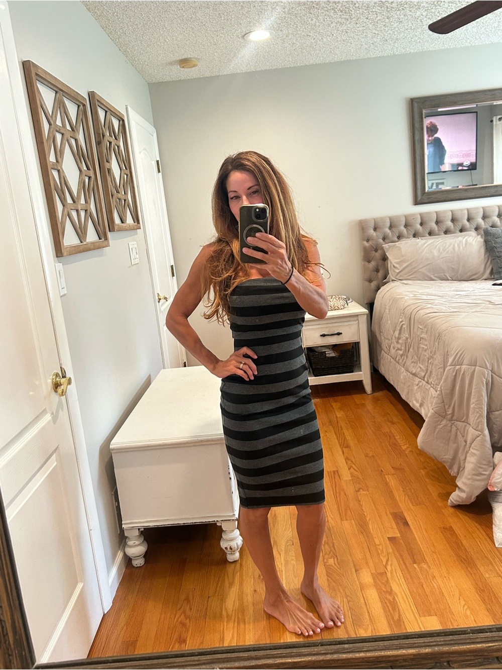 Express Black and Charcoal Striped Midi Bodycon Dress